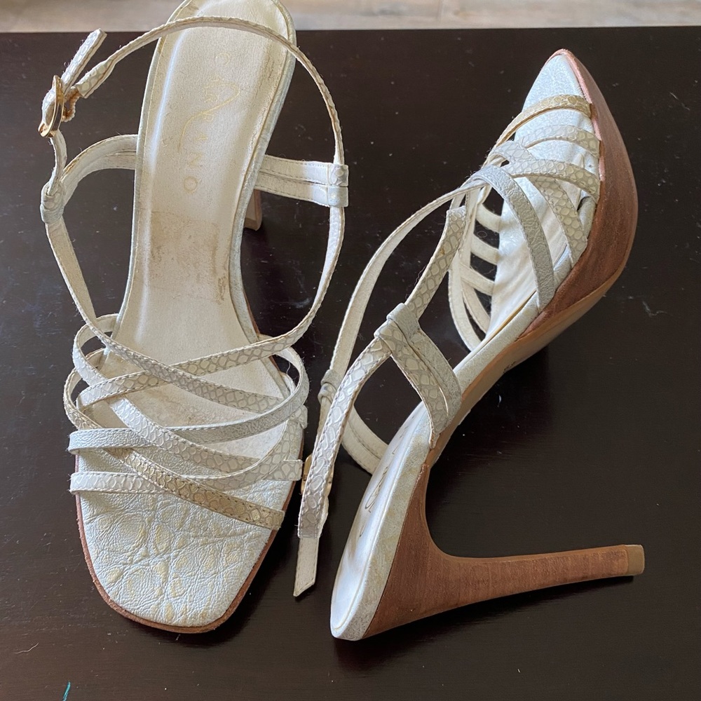 White gold 4” heel strappy sandal